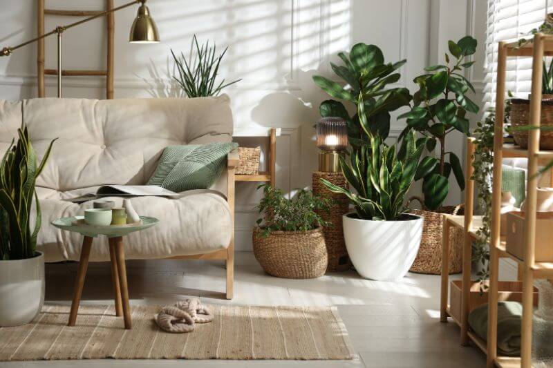 Espace salon avec des plantes vertes pour une ambiance naturelle et régénérante